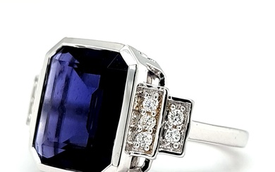 Bezel-Set Iolite Ring w/ Stepped Diamond Shoulders