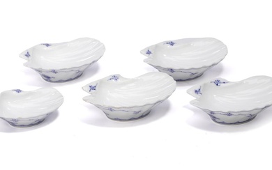 “Blue Fluted” five porcelain clam shaped bowls decorated in blue. 479 and...