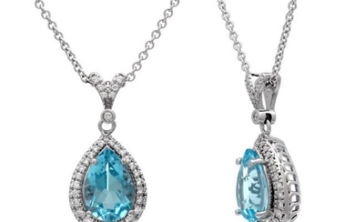 Blue Topaz And Diamond Pear-shape Halo Pendant With Split Bail In 14k White Gold