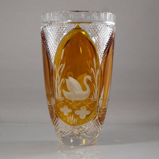 Bohemian Crystal and Amber Glass Vase Etched Swan, Boat