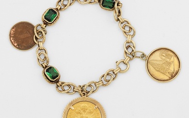 Bracelet mendiant avec pièces de monnaie et tourmalines Or jaune, taille 585. Serti de tourmalines...
