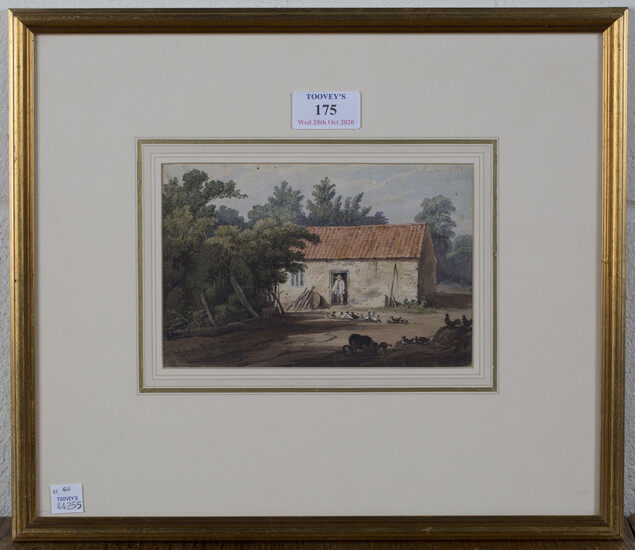 British School - View of a Farmstead, early 19th century watercolour, 11.5cm x 17.5cm, within a gilt