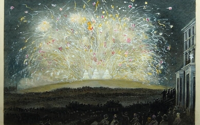 British School, mid/late 19th century- The Firework Display; watercolour and bodycolour heightened with white on paper stuck down on card, inscribed 'Primrose Hill on the night of peace rejoiceings [sic.] after Crimean War. The Firework Display' on...
