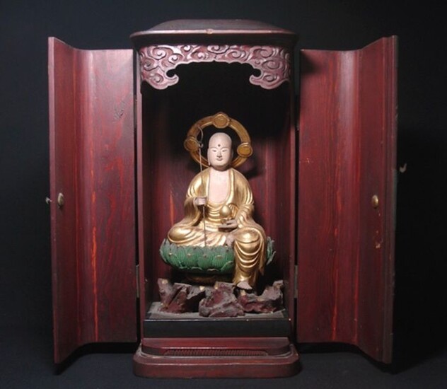 Butsudan and sculpture - Natural solid wood and lacquered gold - A delightful wooden statue of Jizō bosatsu 地蔵菩薩 (Bodhisattva Ksitigarbha) - Japan - Meiji period (1868-1912)