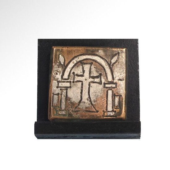 Byzantine Bronze and Silver Inlaid Weight with Cross and Weight-Mark