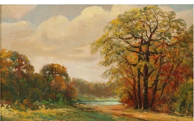 C Arnold, American (20th Century), Bend in the River, early Autumn landscape, oil on masonite, 13