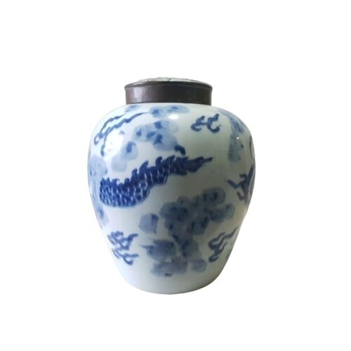 CHINESE BLUE & WHITE TRANSITIONAL JAR WITH BRONZE LID 28CM...