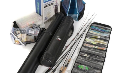 Cabela's and Zebco Fishing Poles with Travel Case, Waders and Tackle