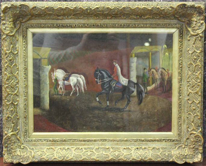 Carol Rosemary Wheeler - 'Circus Scene', 20th century oil on board, signed with initials r