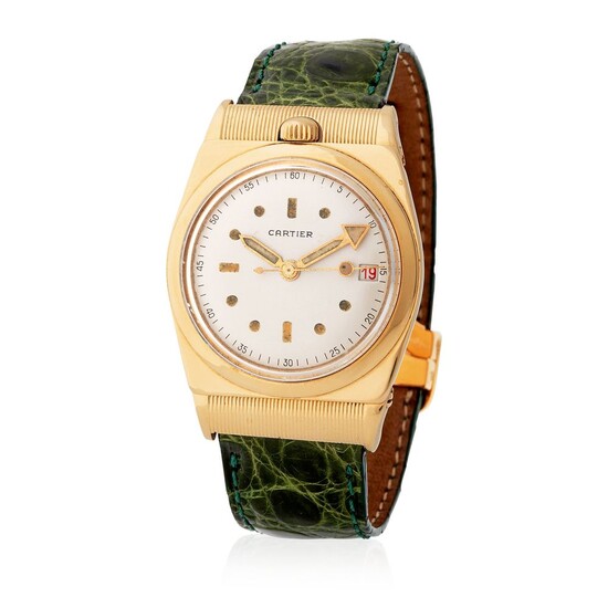 Cartier New York. Fine and Elegant Baguette Shape Wristwatch in Yellow gold, With Concealed Dial and Certificate from Cartier