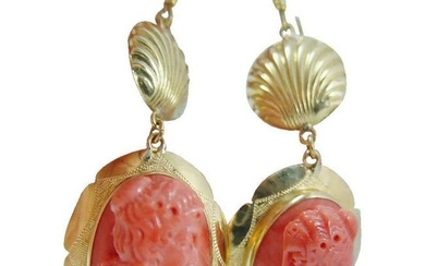 Carved Coral Cameo Earrings 18K Yellow Gold Italy