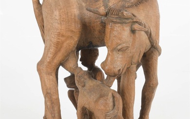 Carved Wood Figural Group: Cow and Calf