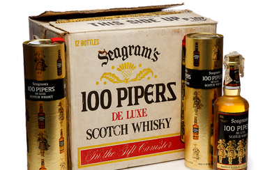 Case of 12 bottles of Seagram's 100 Pipers De Luxe whisky, 1990s