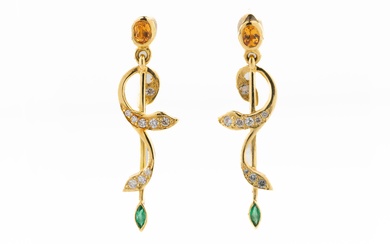 Catherine Best of Guernsey: a pair of 18ct yellow gold multi-gem set drop earrings