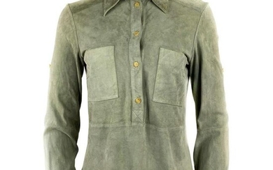 Celine Grey Green Olive Suede Button-Down Shirt Top