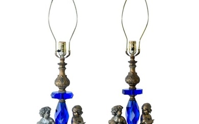 Cherub Table Lamps with Blue Crystal Stems