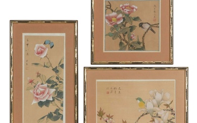 Chinese Gouache Paintings on Silk of Birds and Blossoming Branches