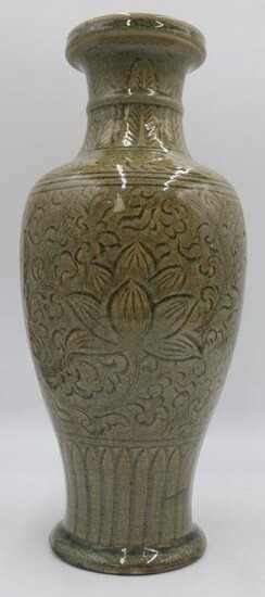 Chinese Ming Style Heavily Carved Meiping Vase.