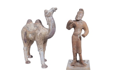 Chinese Partial Painted Pottery Figure of a Camel and Groom, Tang Dynasty (618-907)