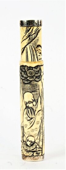 Chinese carved bone needle case in two sections, 16cm long when closed