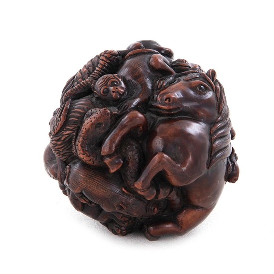 Chinese carved hardwood zodiac ball (Shengxiao), signed