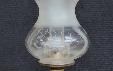 Circa 1870's Early Oil Lamp with etched glass shade on onion style oil font & black glass base.