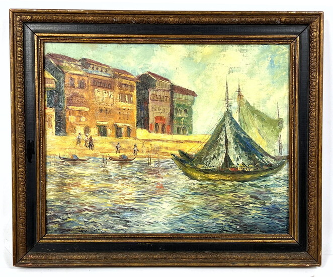 Coastal Scene with Village and Sailboats. Vintage Paint