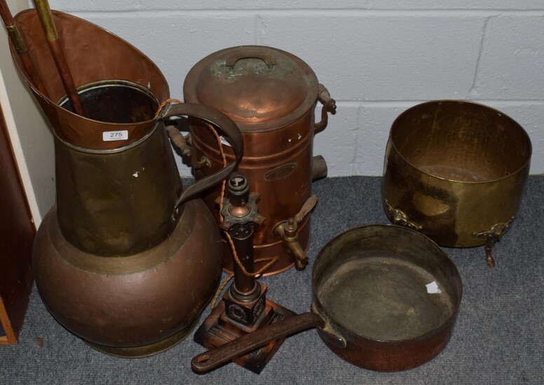 Copper pan, lamp, two hunting horns, jug etc