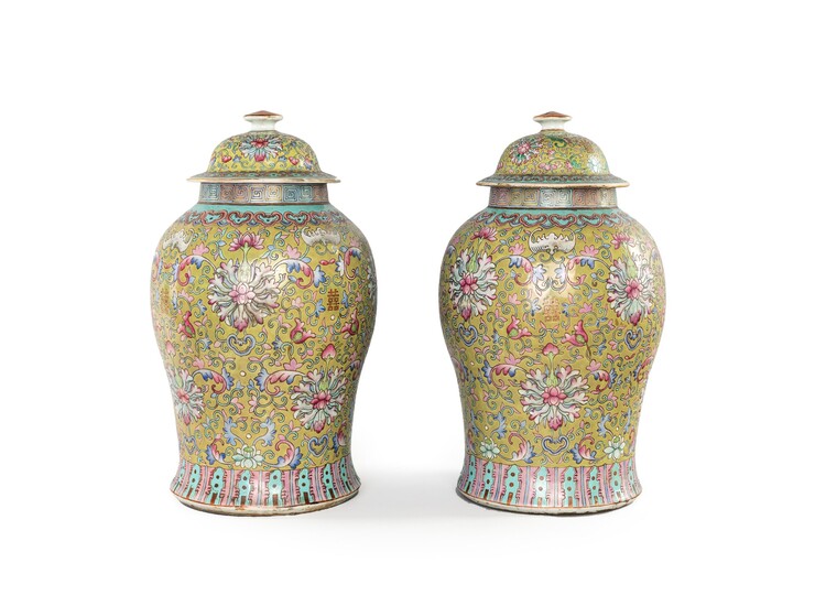 Coppia di vasi con coperchio in porcellana, Cina - decorati in policromia a...