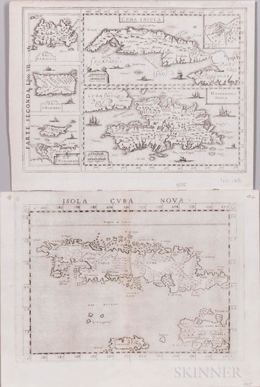 Cuba and Hispianola. Two Engraved Maps, 16th and 17th Century. Two small folio-format engraved maps, one from a 16th century edition of