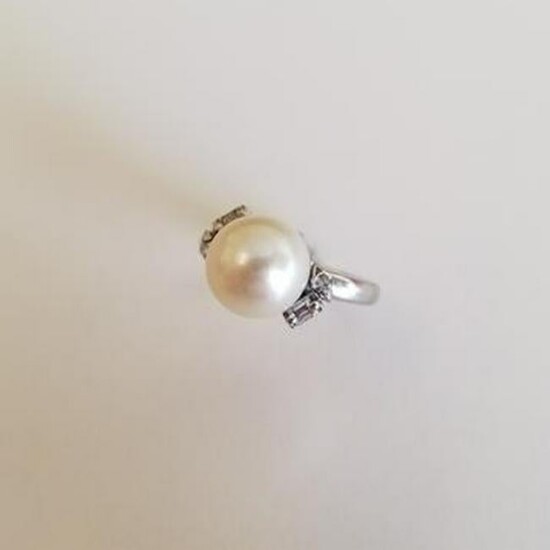 Cultured Pearl, Diamond, White Gold Ring. (shank