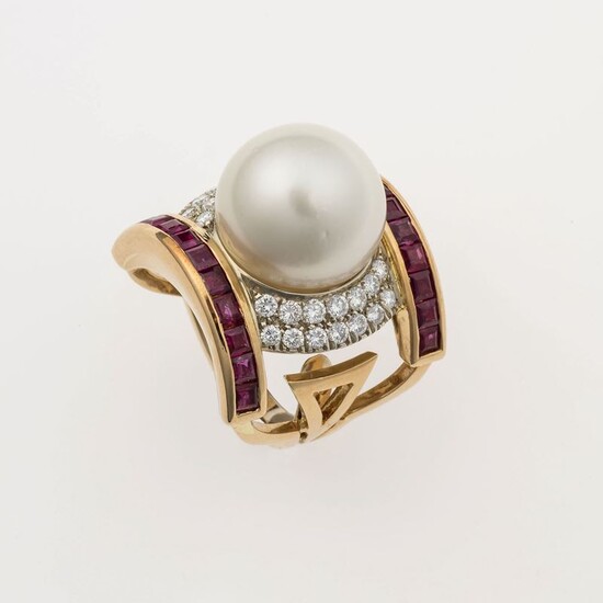 Cultured pearl, diamond, ruby and gold ring. Signed Repossi