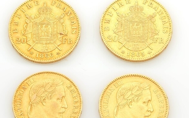 Deux pièces de vingt francs en or à l'effigie de Napoléon III non lauré 1865...