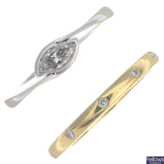 Diamond jewellery, comprising an 18ct gold ring, a platinum single-stone ring and a pendant.