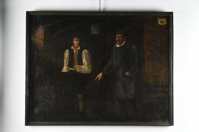 Dipinto olio su tela raffigurante interno con figure be uno stemma nobiliare, cm 113x86, rintelo
