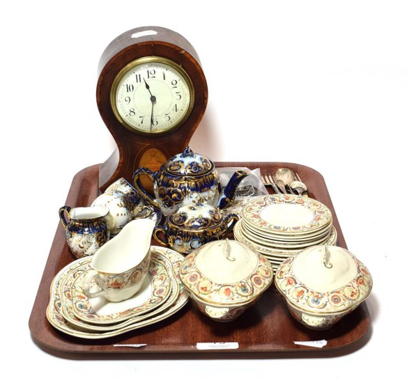 Dolls tea sets, silver flatware and Edwardian inlaid mantel timepiece...