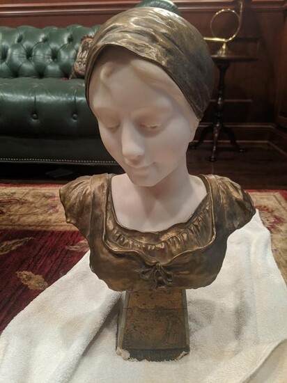 Dominique Alonzo Gilt Bronze & Alabaster Bust of Girl