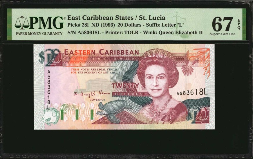 EAST CARIBBEAN STATES. Eastern Caribbean Central Bank. 20 Dollars, ND (1993). P-28l. PMG Superb Gem Uncirculated 67 EPQ.
