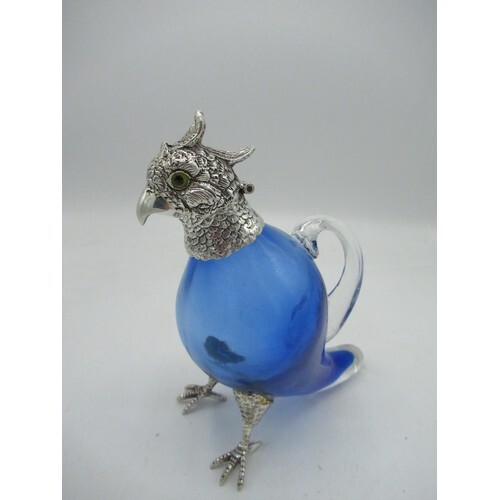 Edwardian blue glass decanter in the form of a parrot, EPNS ...