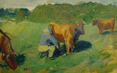 Eigil Wendelboe Jensen, Danish 1899-1940- Milking the cattle; oil on canvas, signed with initials and dated '33' lower left, bears artist's label attached to the reverse of the stretcher, 82 x 116.5 cm