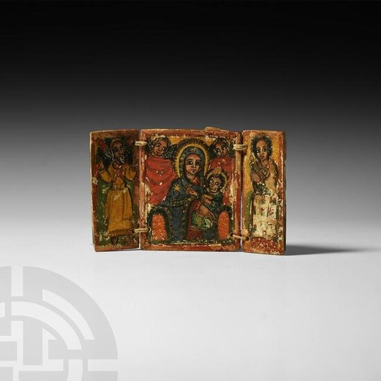 Ethiopian Bifacial Triptych Icon with Six Paintings