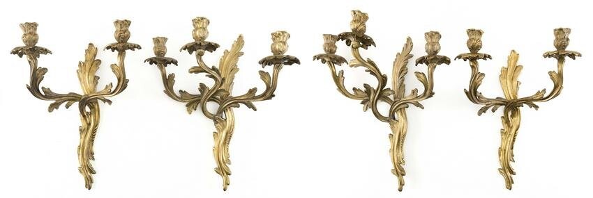 FOUR ROCOCO-STYLE GILT-BRONZE WALL SCONCES Probably