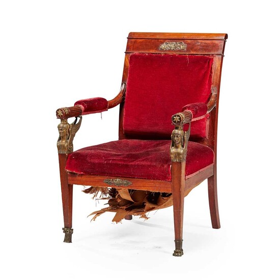 FRENCH EMPIRE MAHOGANY AND GILT BRONZE MOUNTED OPEN ARMCHAIR EARLY 19TH CENTURY