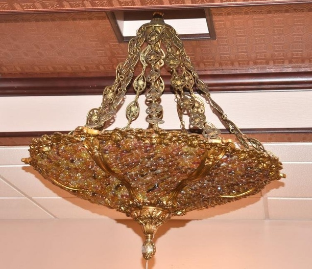 FRENCH STYLE BRONZE & COLORED GLASS CHANDELIER