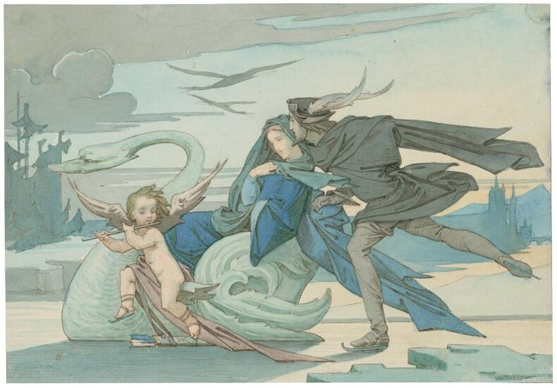 Faust und Gretchen - sie in einem Schwanenschlitten - er auf Schlittschuhen - auf dem Eis. Im Hintergrund eine Winterlandschaft, in der Ferne angedeutet ein gotischer Dom.