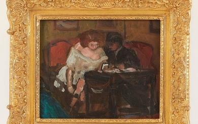 Fernand PIET (1869-1942) (attribué à) Au café Huile sur carton 29,5 x 32,5 cm