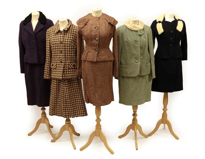 Five 1940's Skirt Suit Ensembles, comprising Salts Saltaire sage green...
