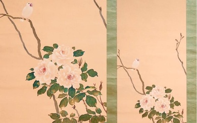 Flowers and Bird - Roses and a White Small Bird - Hanging Scroll - Original Wooden Box - “Honda Shofu 本田蕉風（1889-）" - Japan (No Reserve Price)