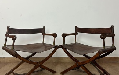Folding chair - Pair of vintage director's chairs in solid wood with leather seat and back