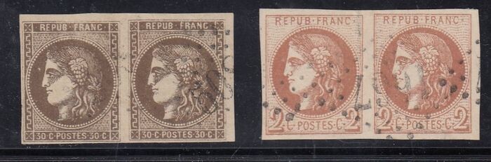 France - Bordeaux issue, pair of 2 centimes brown-red + pair of 30 centimes brown, signed Brun. - Yvert 40B + 47